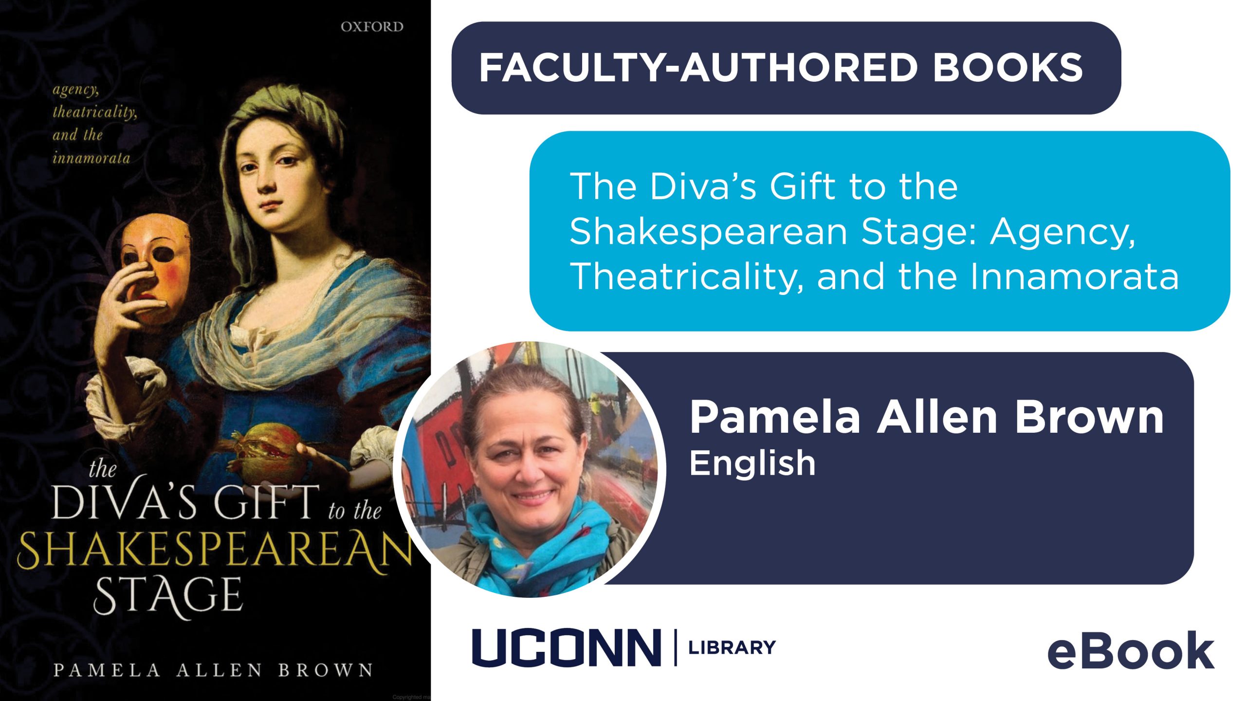 Marketing screen with various shades of blue text bubbles featuring faculty member, image of their book cover, and the text, “The Diva’s Gift to the Shakespearean Stage: Agency, Theatricality, and the Innamorata. Pamela Allen Brown. English. UConn Library. eBook.” https://search.lib.uconn.edu/permalink/01UCT_STORRS/okmb0h/alma99425254843502432 