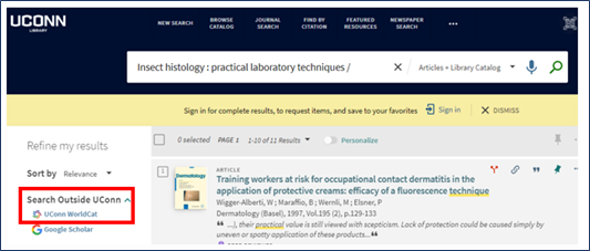 WorldCat screenshot highlighting the Search Outside UConn option