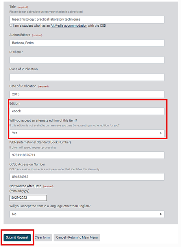 ILLiad screenshot with the Submit Request button highlighted