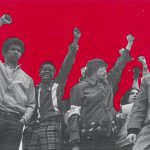 Students from the UConn Nutmeg Yearbook from the 1960s with their fists in the air on a red background.