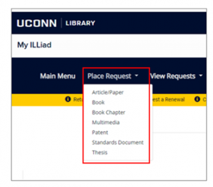 UConn Library -ILS FAQ - Place Request menu