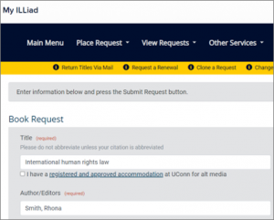 UConn Library - ILS FAQ - My ILLIad Book Request screenshot