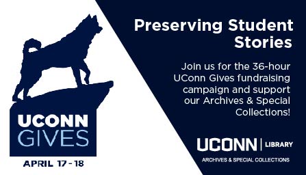 blue silhouette of Jonathan standing on a rock and text about Preserving Student Stories program for UConn Gives