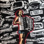 Painting by Gunnar Johnson titled 'The Accordionist' a picture of a woman playing the accordion outlined in red and on top of a background of black and white car grills. 